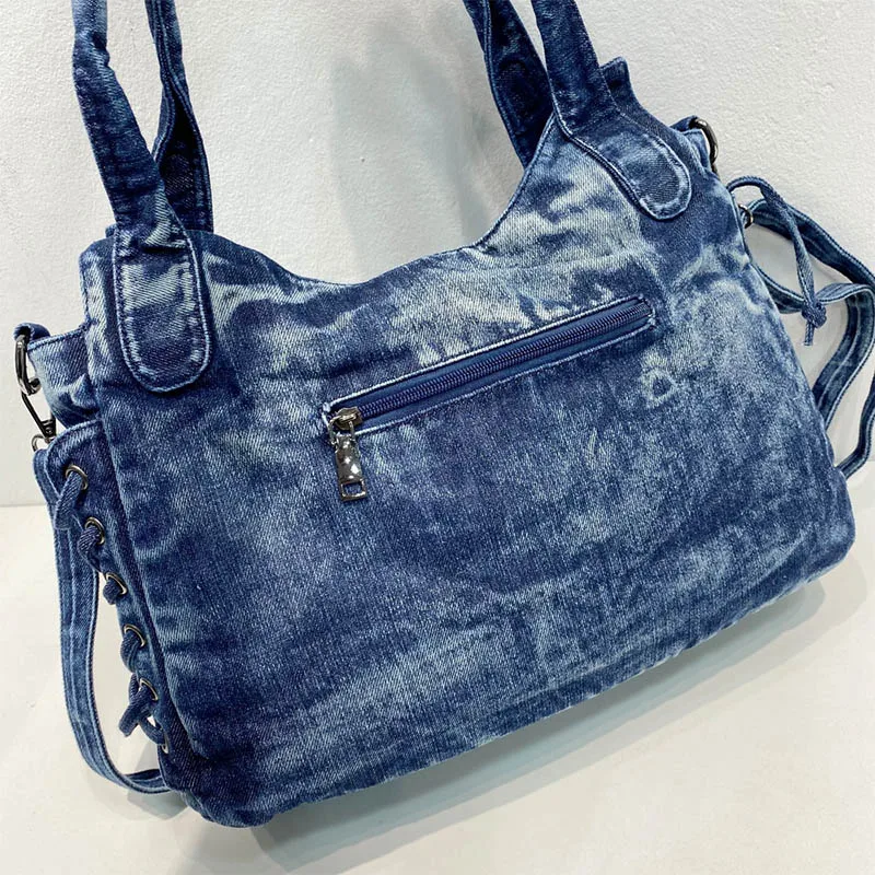 Denim Jean Large Capacity Multiple Pockets With Diamond Crossbody Messenger Bag Handbags Letter Shoulder Shopper Tote Lady Purse