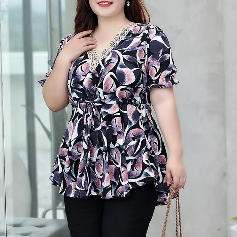 

Female Clothing Casual Printed Blouse Elegant V-Neck Lace Spliced 2023 Summer Loose Casual Drawstring All-match Commute Shirt