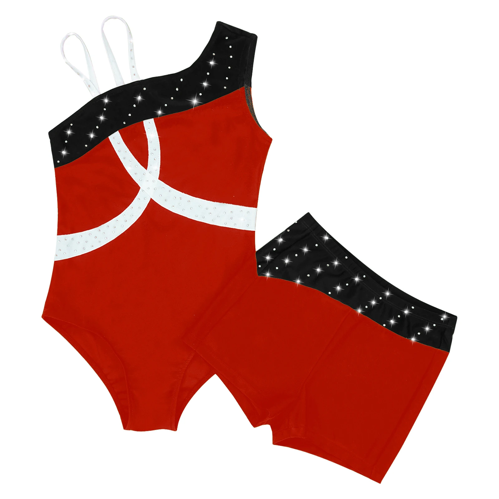Kids Girls Sleeveless Oblique Shoulder Gymnastics Jumpsuit with Boxer Shorts Shiny Rhinestone Gymnastics Leotard Ballet Outfit