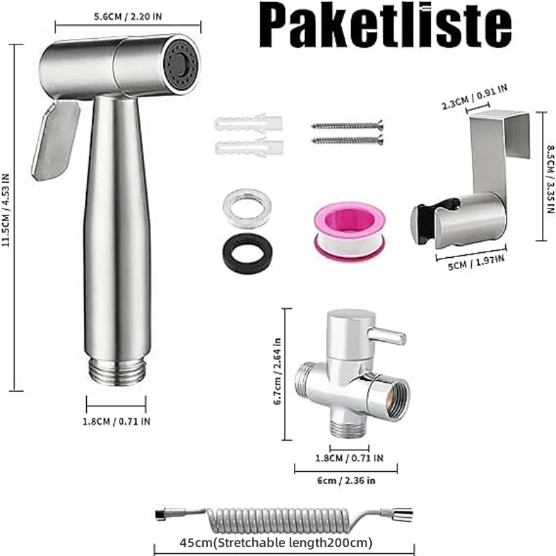 Handheld Bidet Toilet Sprayer Kit  stainless steel spray gun with 3 Way Valve，bellows Used for personal hygiene and pet bathing 3