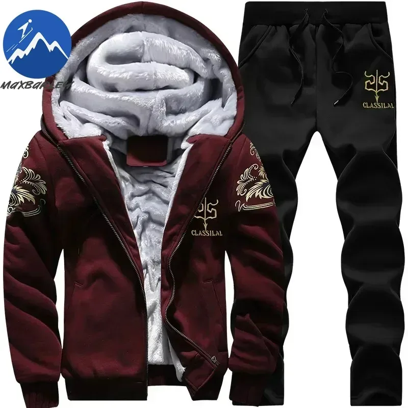 2023 새로운 겨울 두꺼운 남자 스포츠 정장 Tracksuit 후드 운동복 지퍼 카디건 후드 모직 바지 바지 캐주얼 남자 세트