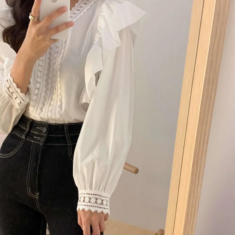 White V Neck Long Sleeve Women Blouse