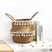 Handmade Bamboo Storage Baskets Foldable Laundry Straw Patchwork Wicker Rattan Seagrass Belly Garden Flower Pot Planter Basket 1