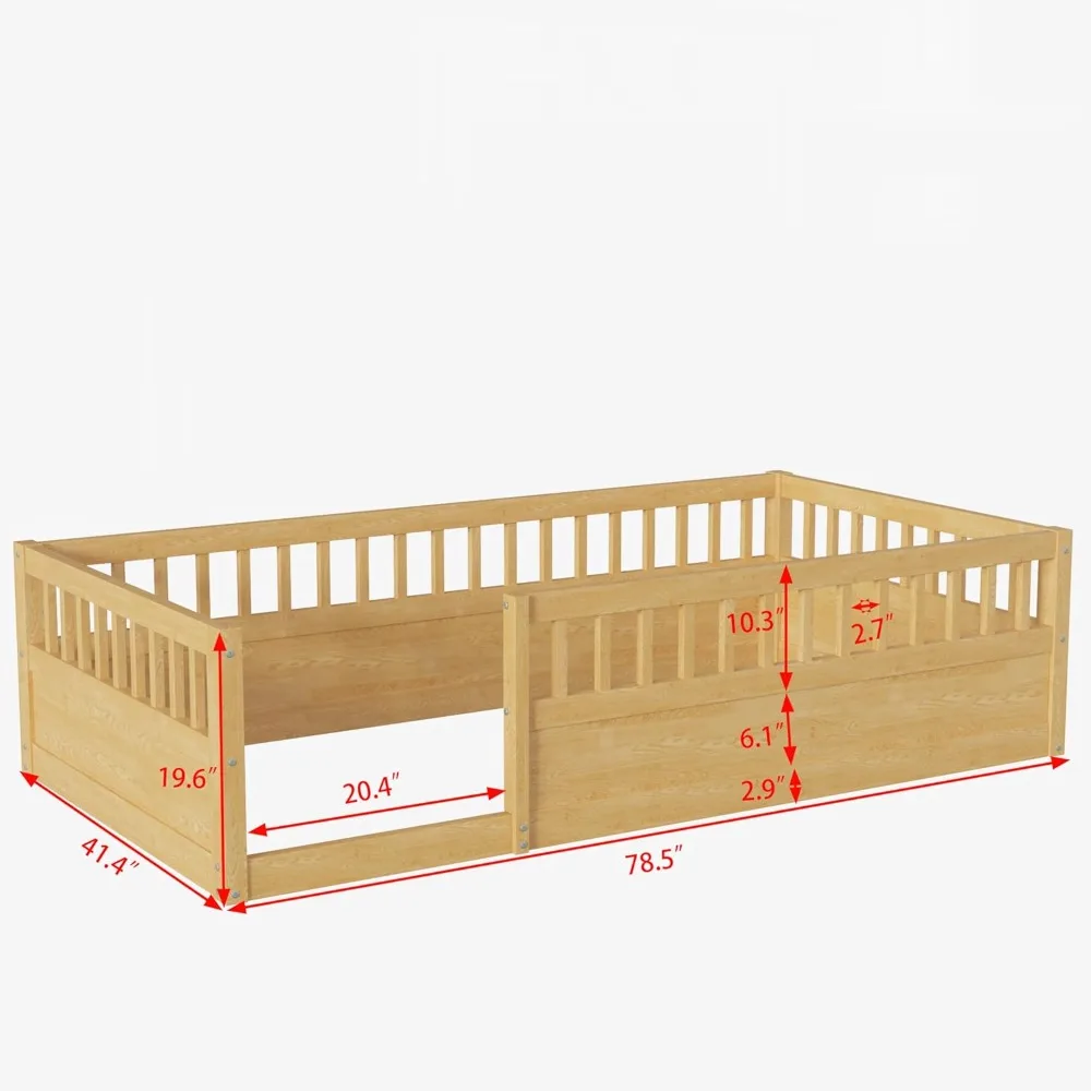 Twin Size Montessori Bed with Fence Toddler Floor Bed Frame with High Rails For Children Bedroom Toddlers Boys Girls ROOMTEC