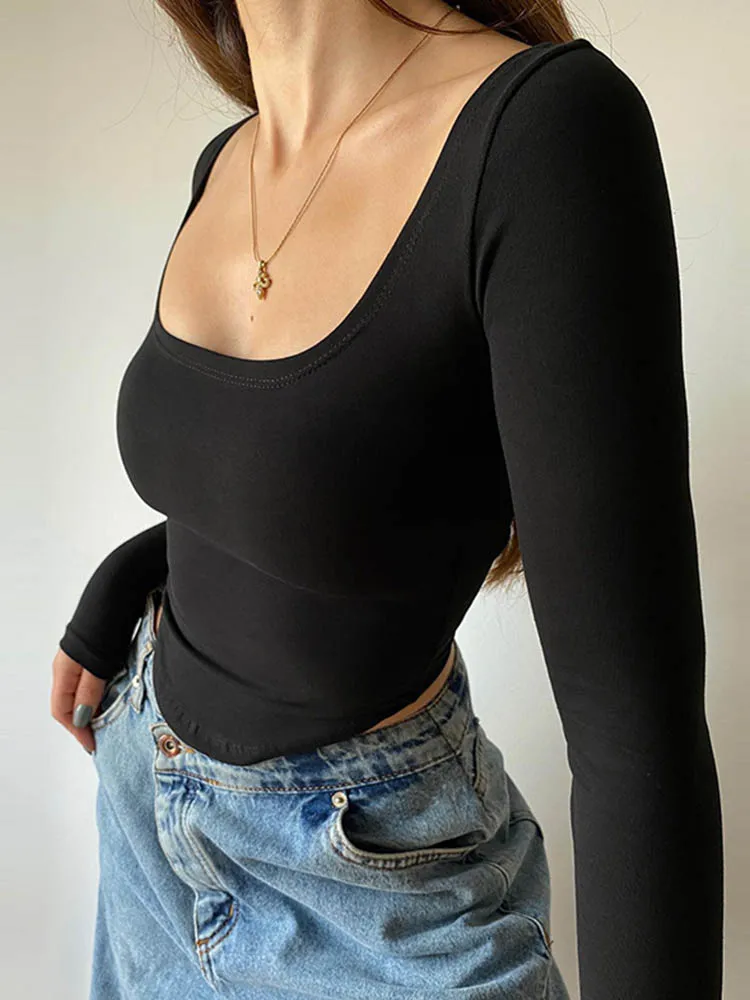 Top Donna A Maniche Lunghe Con Scollo Quadrato, Maglia A Costine, Vestibilità Slim, Autunno, Bianco, Taglia M