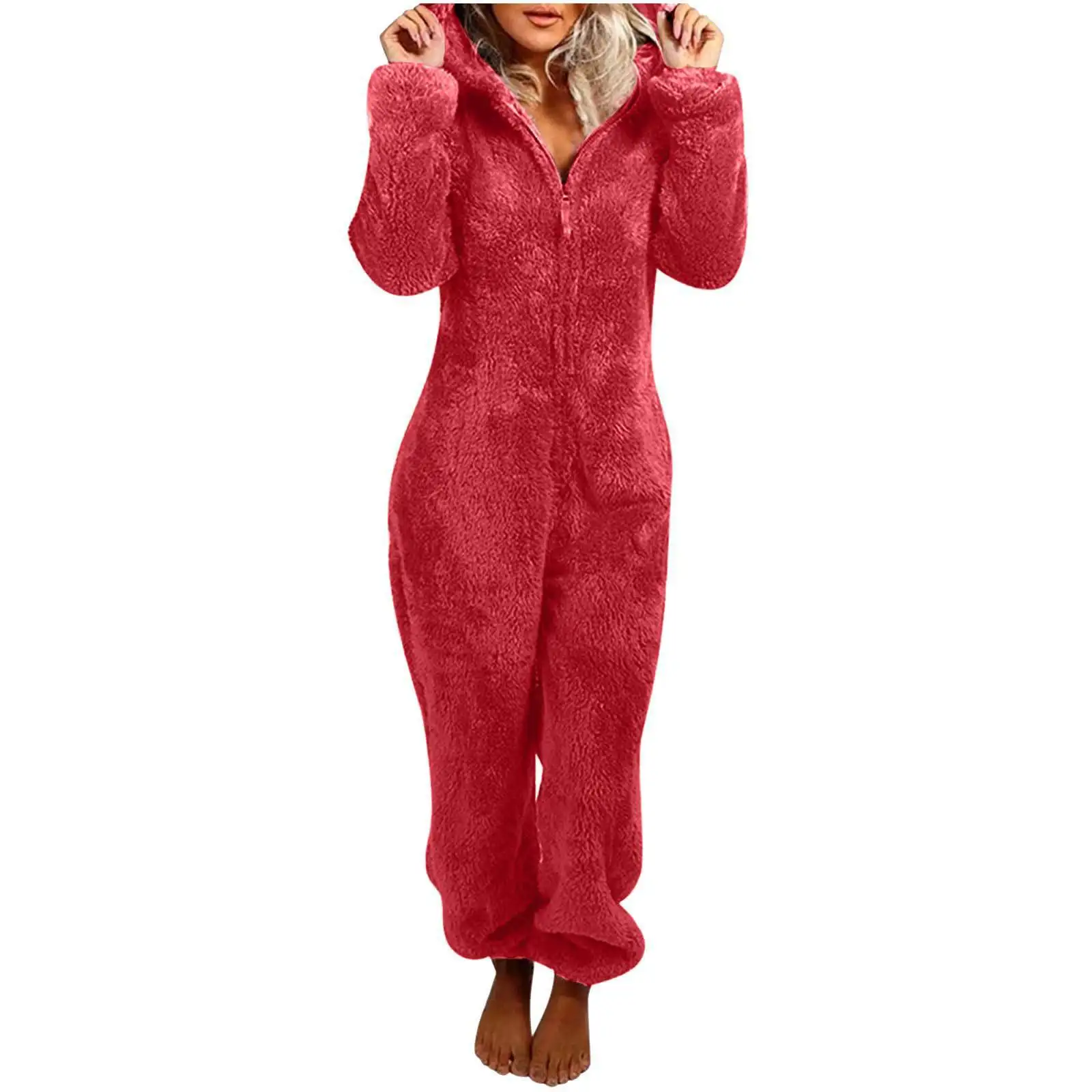 Damenbekleidung Onesie Herbst/Winter Plüsch Plüsch Overall Kapuzenpyjama Große warme Nachtwäsche für Winternachtwäsche – Detail 5