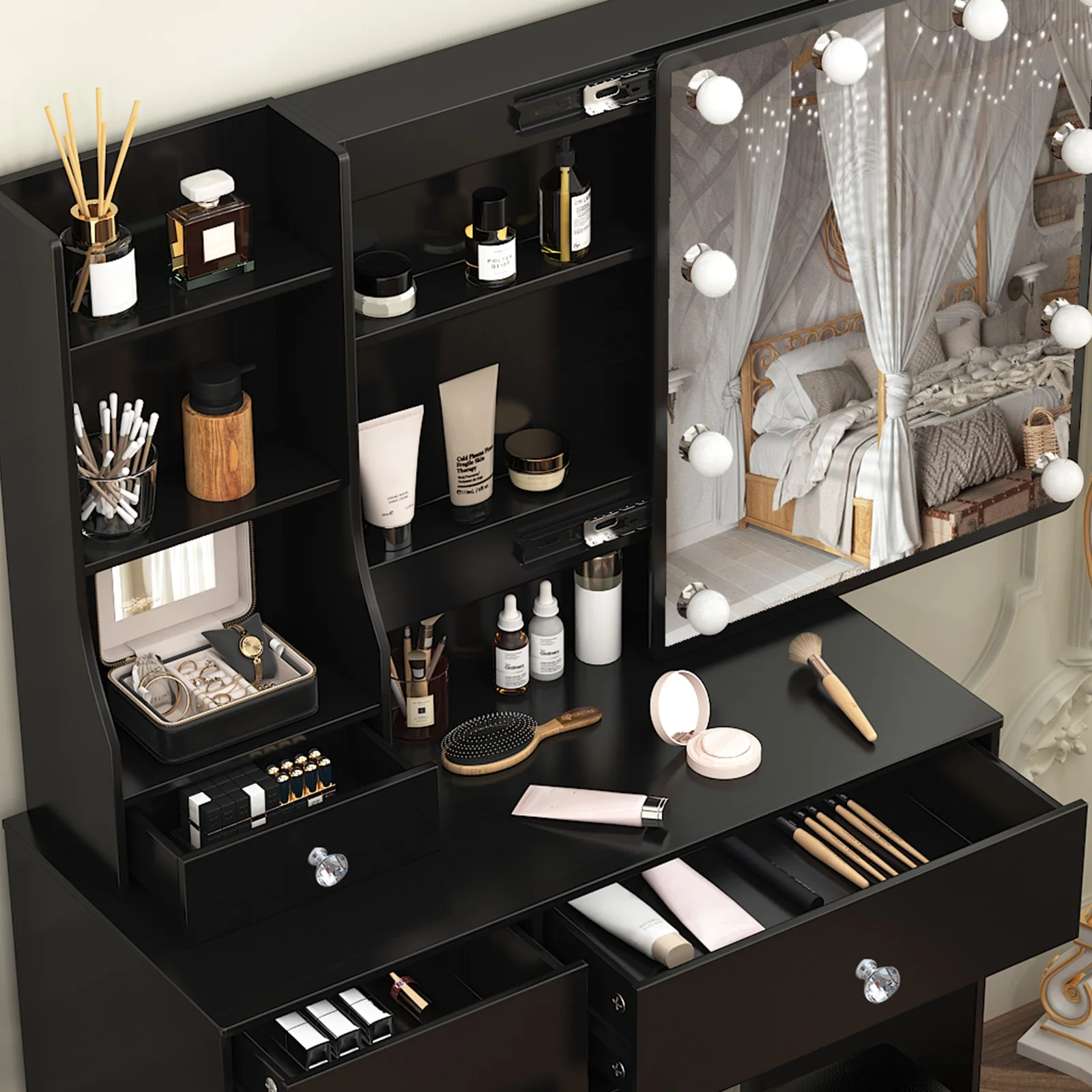 Black Modern Vanity Set with LED Sliding Mirror 6 Drawers & Stool 3 Color Dimmable Easy Assembly Sturdy Frame Makeup Desk