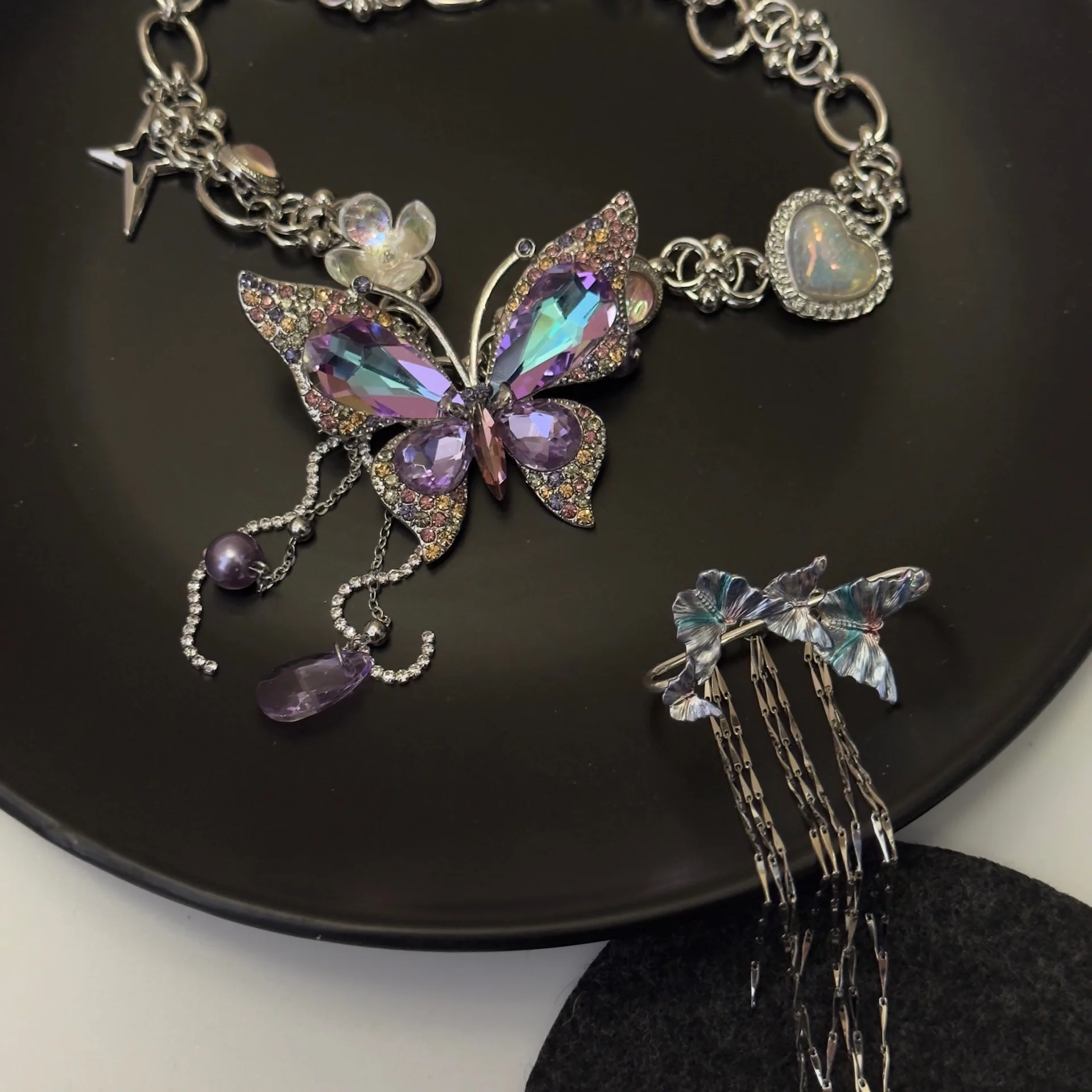 Colored Crystal Butterfly Tassel Necklace Fashion Star Heart Crystal Butterfly Pendant Necklace Trendy Jewelry Presents 2