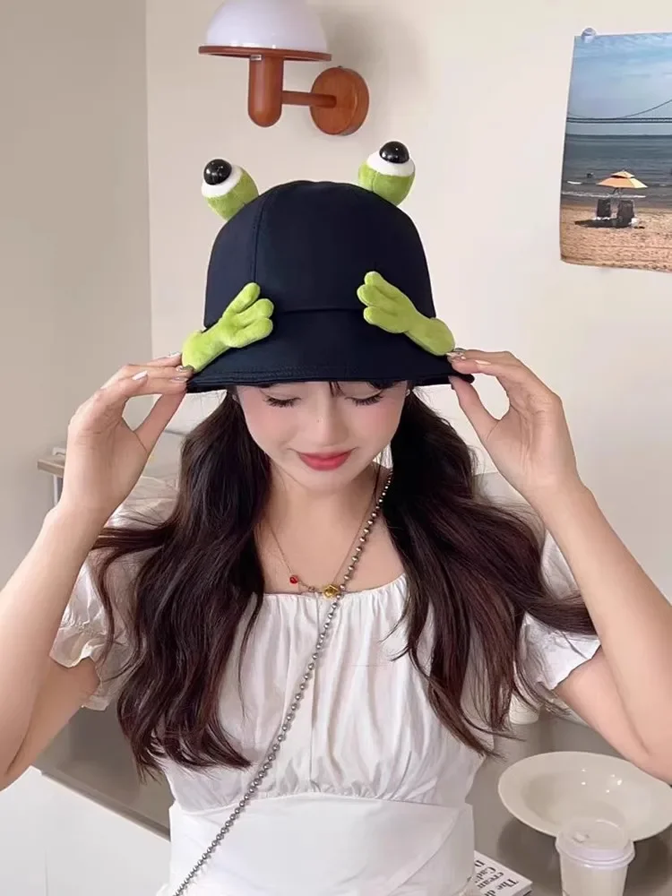 2025 New Cute Big Eyes Frog Bucket Hats Outdoor Foldable Sun Fishing Cap Women Lady Summer Cotton Wild Panama Hats