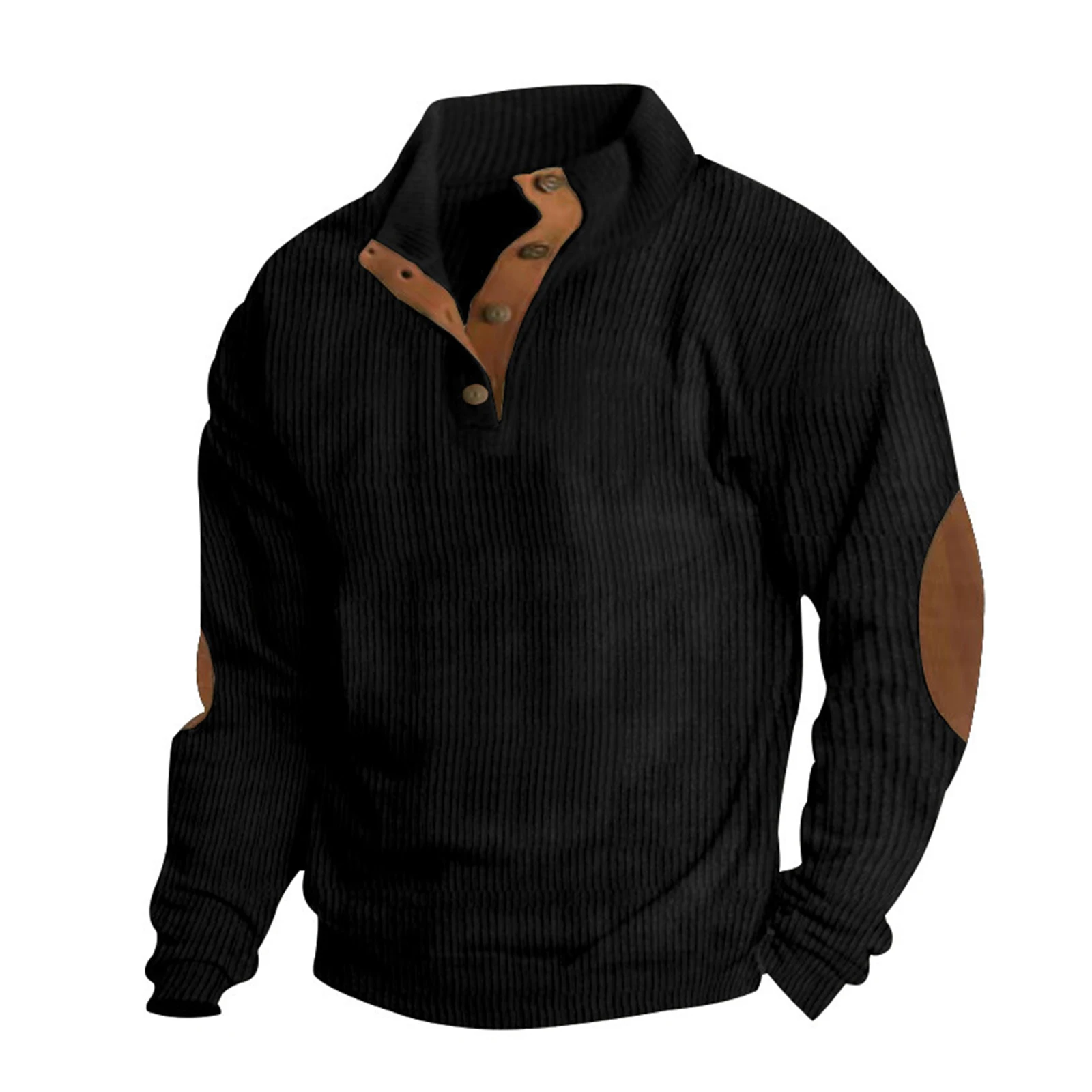 Jersey acanalado de Color de contraste para hombre, sudadera de manga larga con cuello alto y botones, ropa informal de uso diario, para acampar y viajar