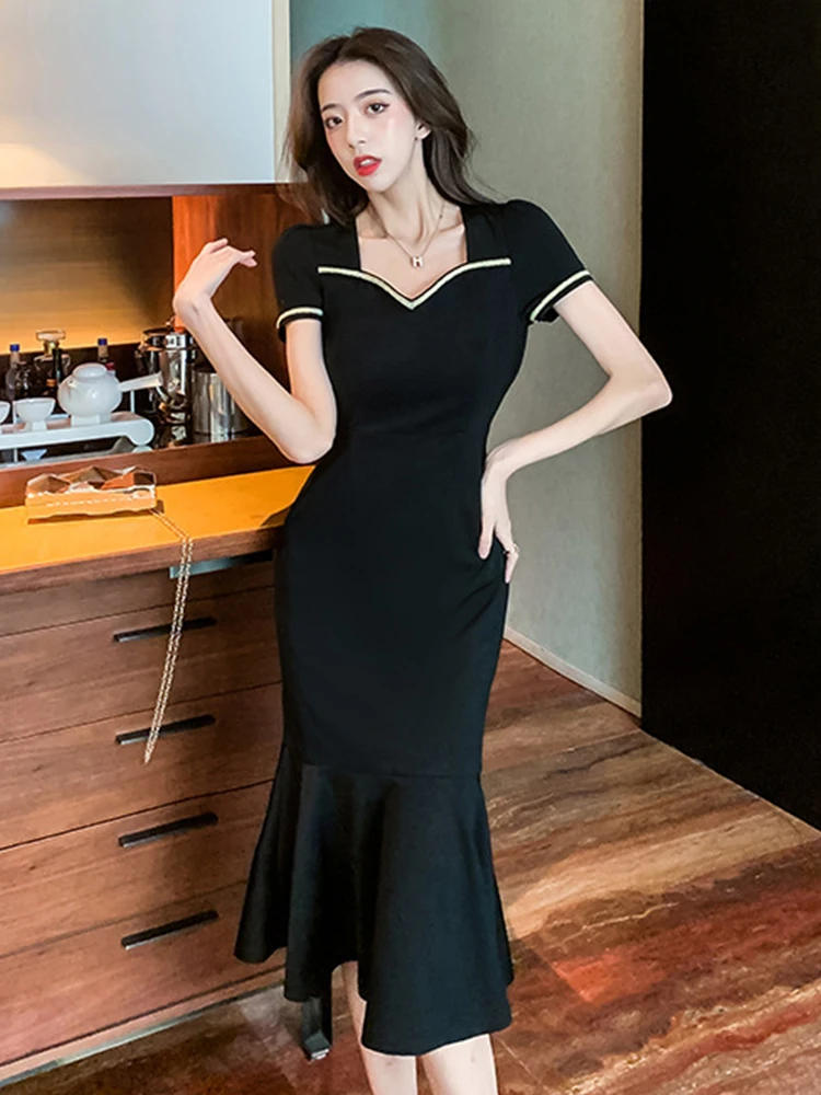 

Korean Black Women Evening Dress Temperament Formal Short Sleeve Slim Midi Fishtail Party Club Robe Femme Mujer Vestidos Summer