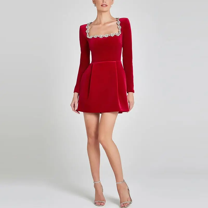 Vestido de terciopelo con cuello cuadrado y cuentas de manga larga para mujer, cintura alta, corte en A, para fiesta, Navidad y noche, nuevo