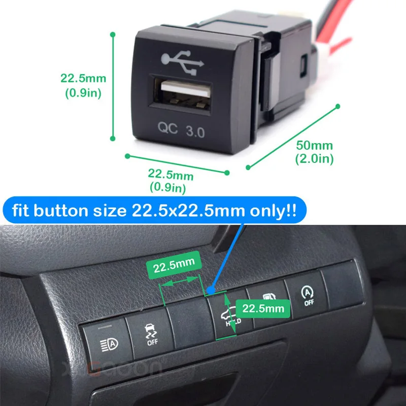 Фото 12 В 22x22 мм USB QC3.0 быстрое автомобильное зарядное устройство для Toyota Camry Corolla Rav4 Prado 2019 2020 2021 №3