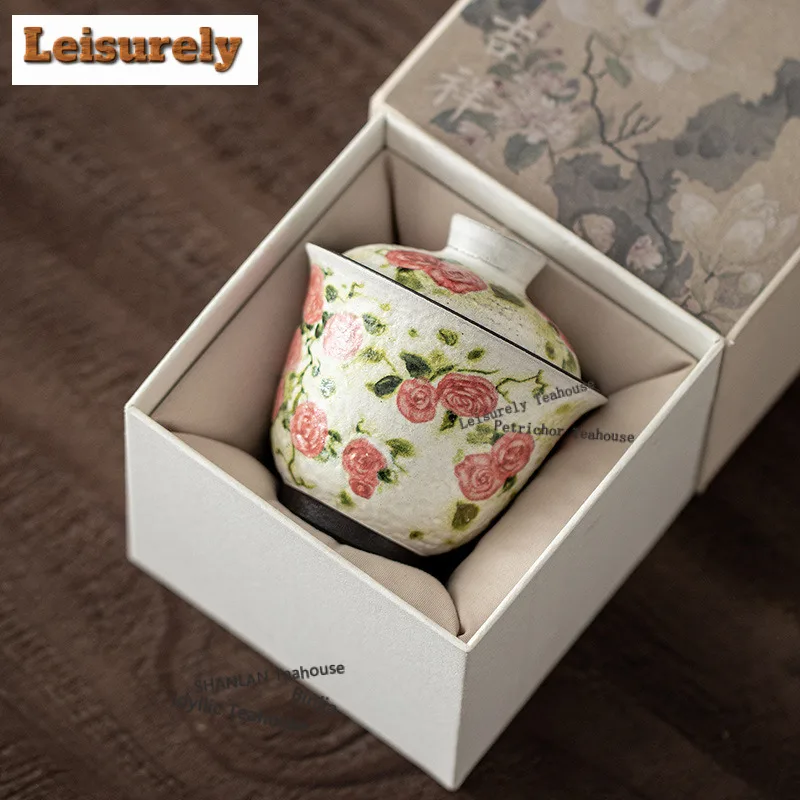 125ML Oil Painting Rose Flower Language Gaiwan Boutique Tea Tureen Tea Bowl with Lid Kit Tea Maker Cover Bowl for Tea Ornaments