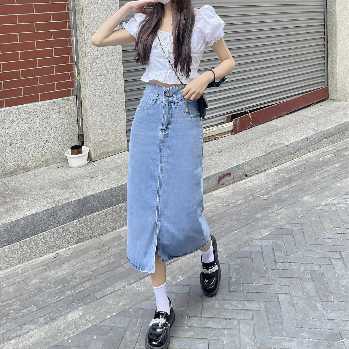 

Korean High Waist Long Straight Denim Skirts Women Vintage Pencil Skirt Designer Split Jeans Skirt Streetwear Harajuku