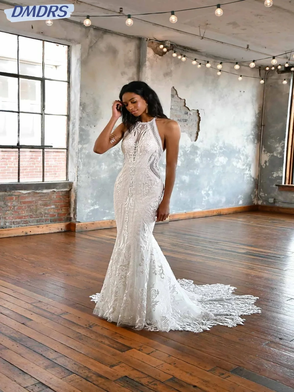 

Sexy Halter Sleeveless Dress For Bride Classic Lace Appliques Bridal Gown Elegant Mermaid Long Wedding Dress Robe De Mariée