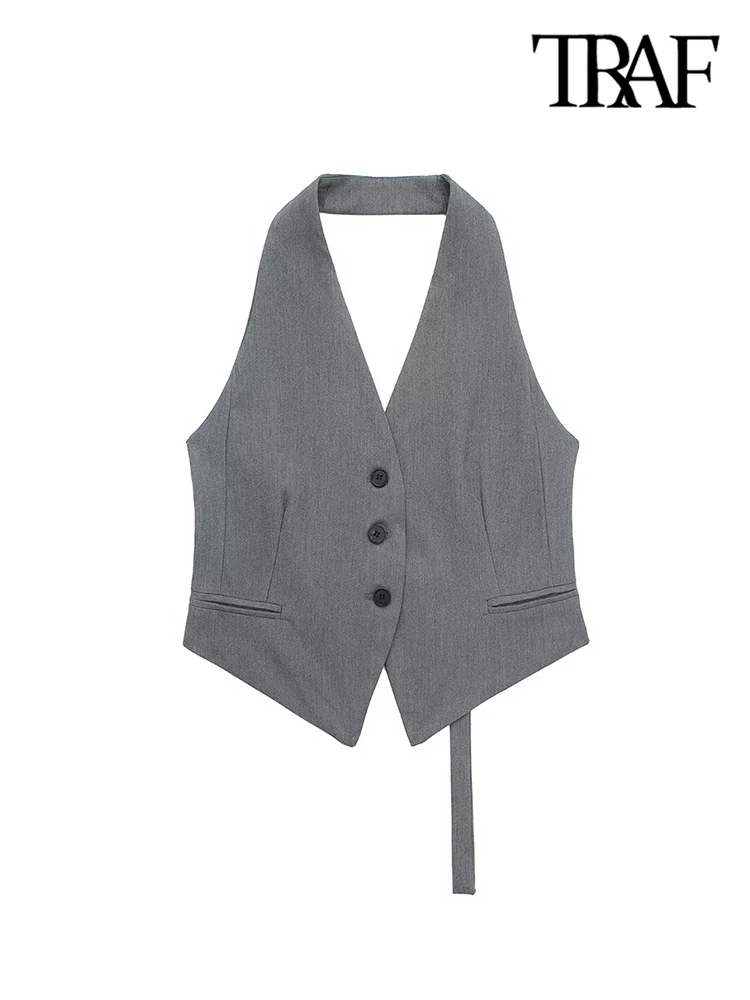 TRAF Women Fashion Backless Halter Neck Waistcoat Sexy Sleeveless Button-up Female Outerwear Chic Vest Tops 4