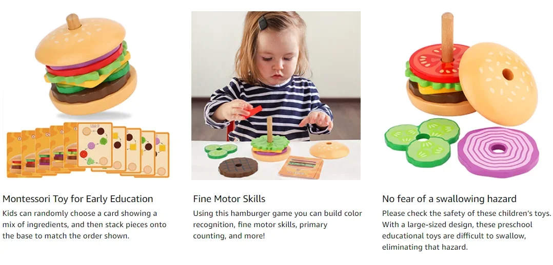 Wooden Hamburger Stacking Toys Montessori Kid Preschool Educational Toy Color Shape Cognition Matching Kitchen Toys For Children