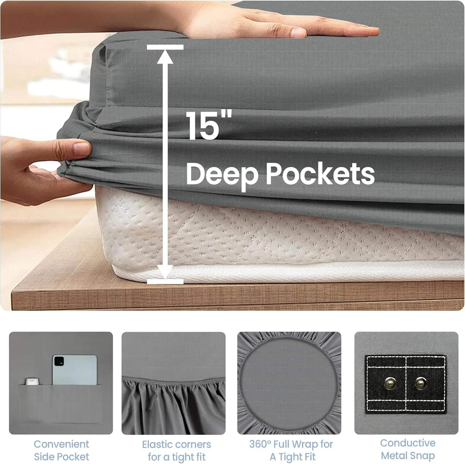 Queen Size Grounding Sheet - 90% Organic Cotton & 10% Silver for Earthing, 400 Thread Count Deep Pocket 6