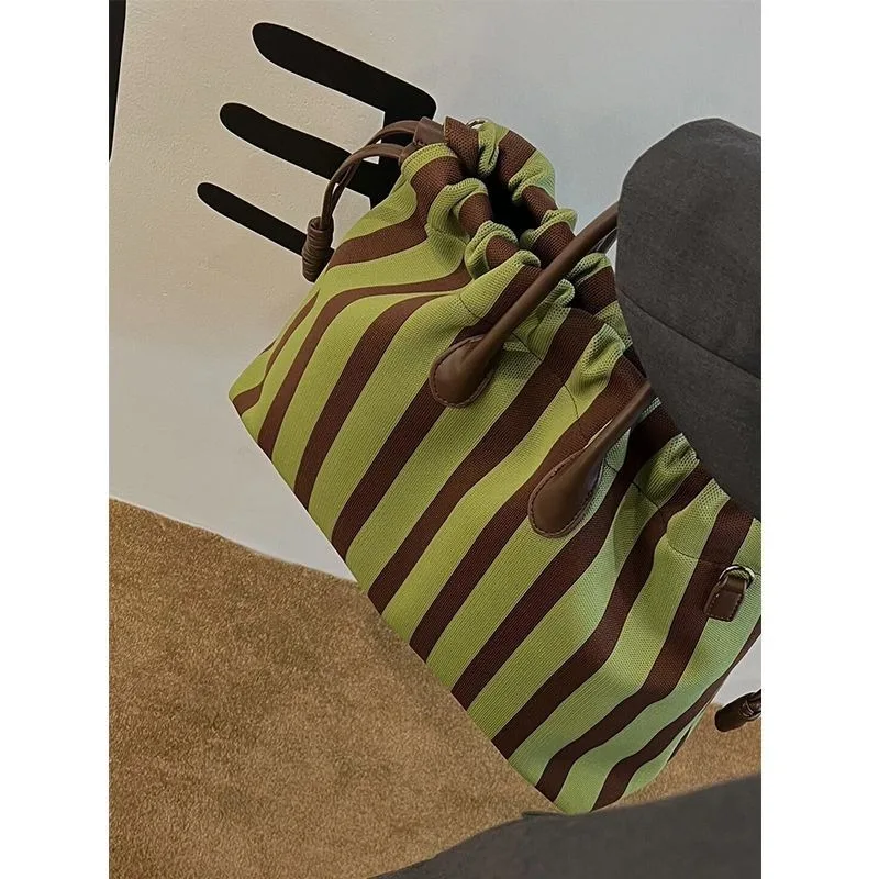 NEW Large Capacity Elastic Stripe Bucket Bag Tote Shopping Bag Crossbody Shoulder Bag Drawstring Soft Fabric Handbag