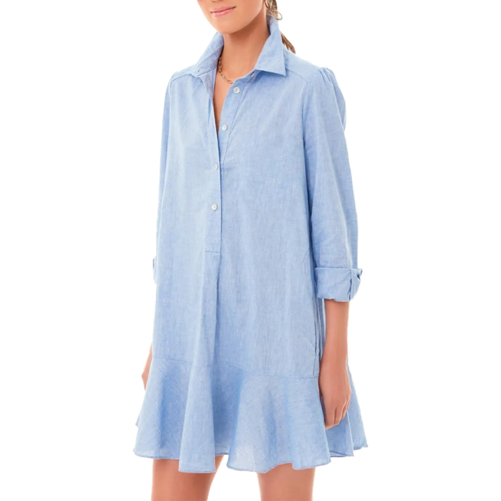 

Ruffle Swing Summer Dress Casual Turndown Neck Shirt Dresses Long Sleeve Cardigan Dress Vintage Dresses Vestido De Mujer 2024