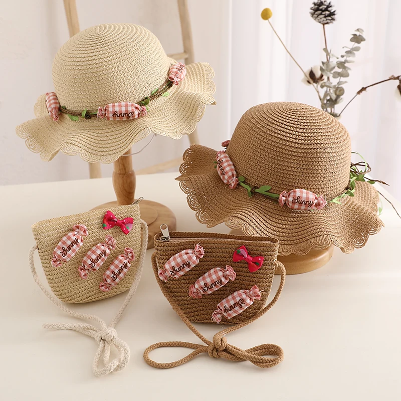 Fashion Straw Hat Handbag Set Kids Girls Summer Sun Protection Cap Travel Beach Sun Cap Portable Handbag Hat
