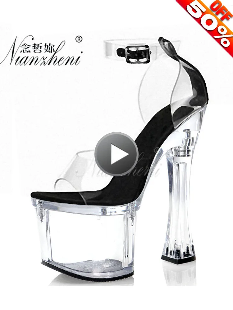 

Rransparent Crystal Concise Spool heels Womens Sandals 18cm Super High heeled shoes 7 inches Sexy Fetish Thick platform Stripper