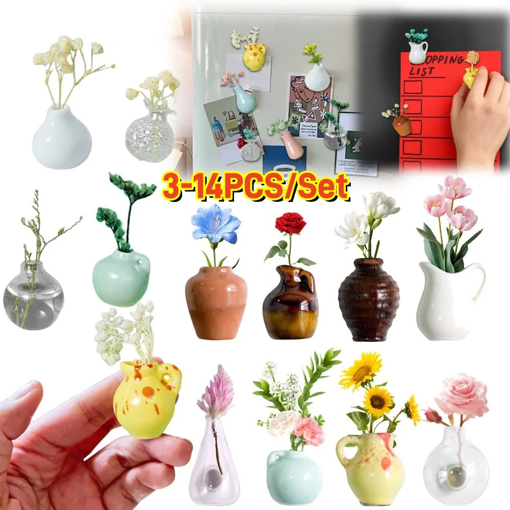 3-14 ชิ้น/เซ็ตมินิเซรามิคแจกันแม่เหล็กตู้เย็นแม่เหล็ก DIY ตู้เย็นแม่เหล็กสําหรับดอกไม้สําหรับดอกไม้ตู้เย็นตกแต่ง 1