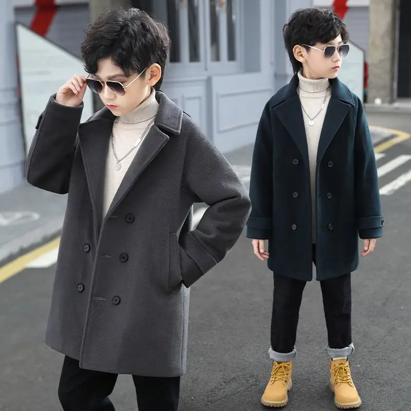Boys Wool Coat Autumn Winter Children's Jacket Fashion Turn Collar Plaid Keep Warm Outerwear Teenage Clothes 2022 New 5-14Year