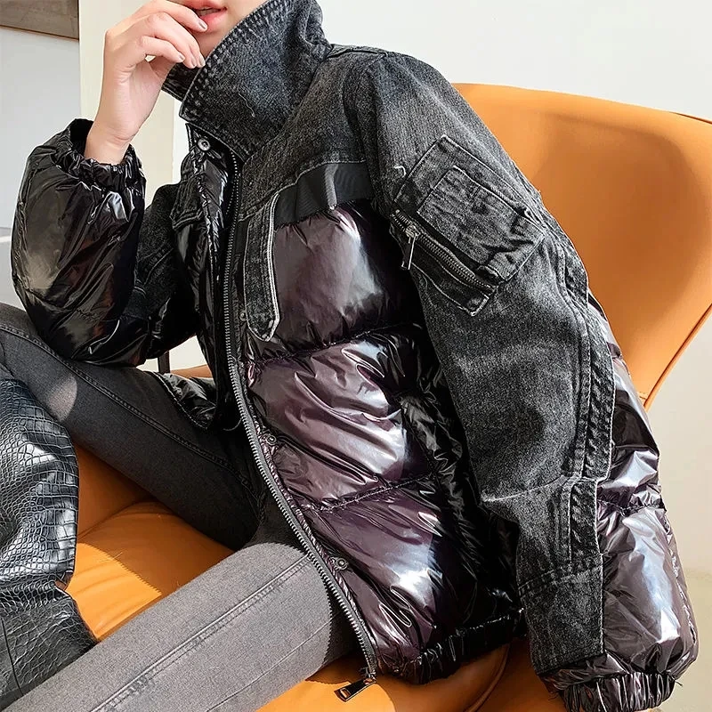 

2023 Winter Coat New Korean Thickened Black Denim Patchwork White Duck Down Outerwear Womens Loose Stand Collar Short Jacket