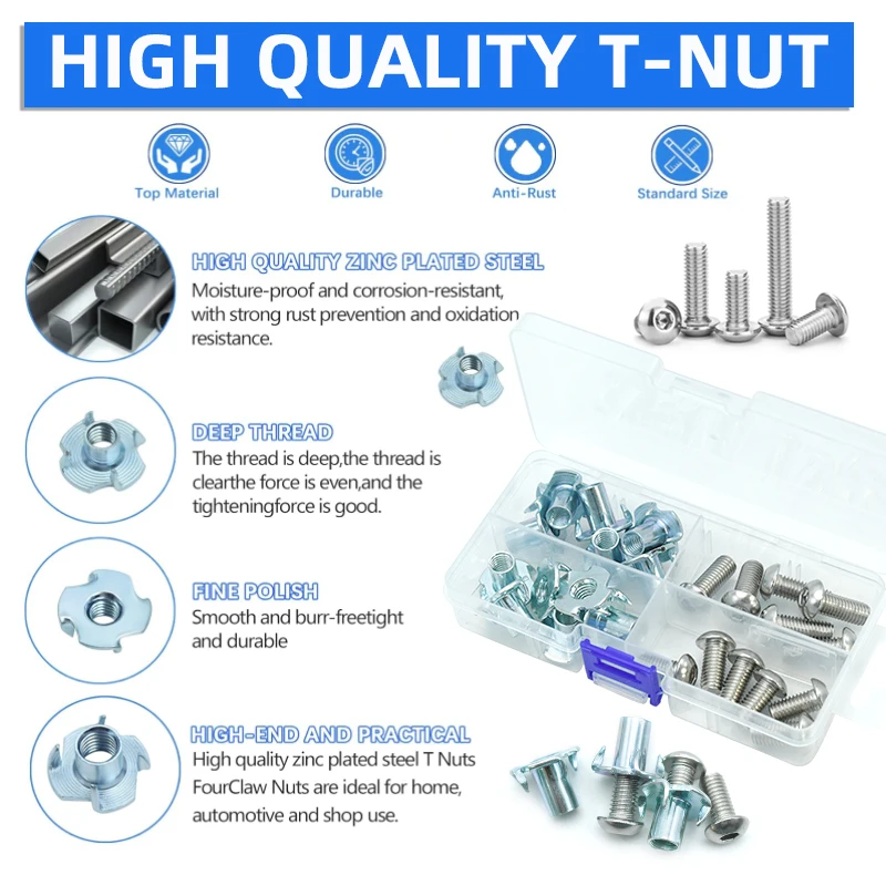 M3 M5 M6 M8 M10 Carbon Steel Zinc 4 Claw Nut 304 Stainless Steel Hex Socket Screw Bolt Kit for Wood Furniture Woodwork Assembly