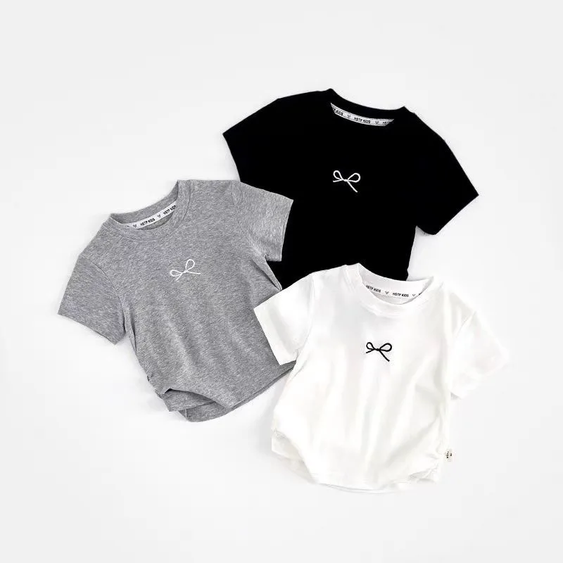 2-12Y Girls' Short Sleeved T-shirt Pure Cotton 2025 Summer New Kids Shirts Korean Children's Baby Embroidery Bow Slim Fit Tops 5