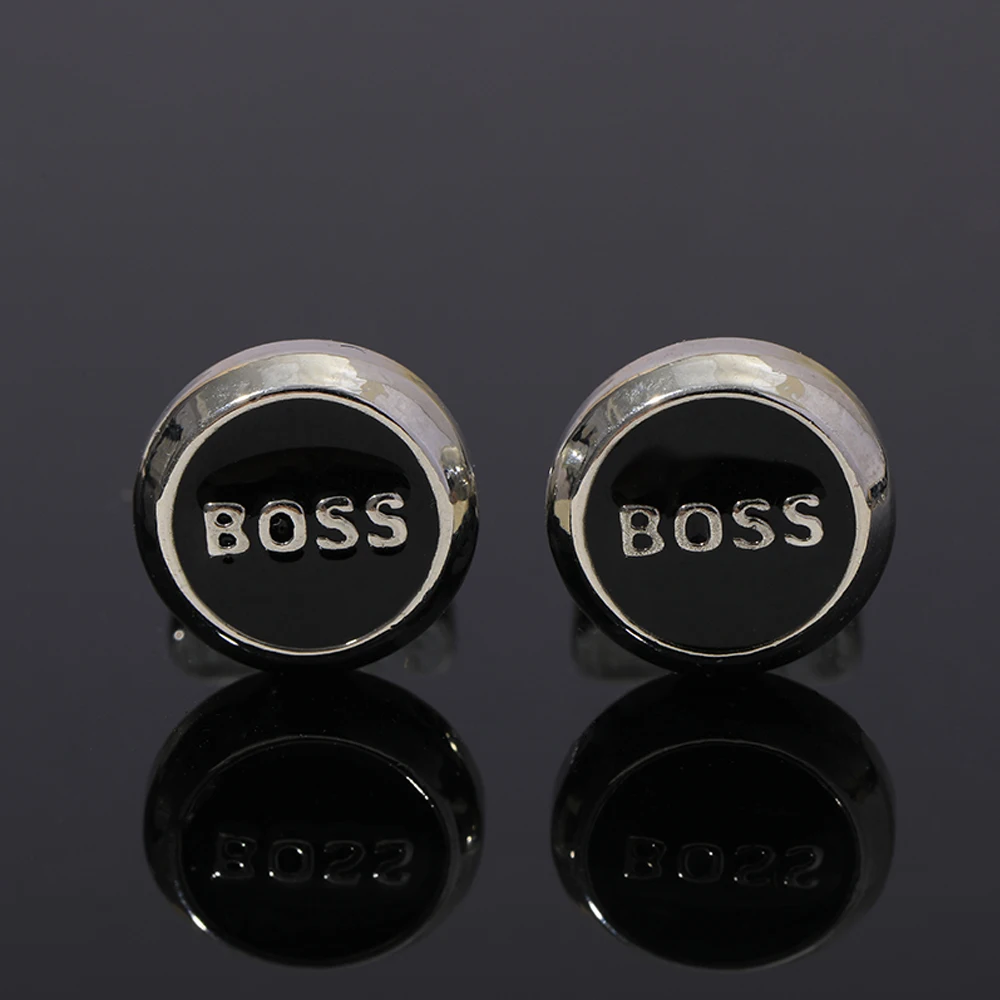 Mens Cufflinks Black Letter Boss Cuff Links Silver Tone for Suit Tuxedo Shirts Business Formal Sleeve Button Jewelry Gift