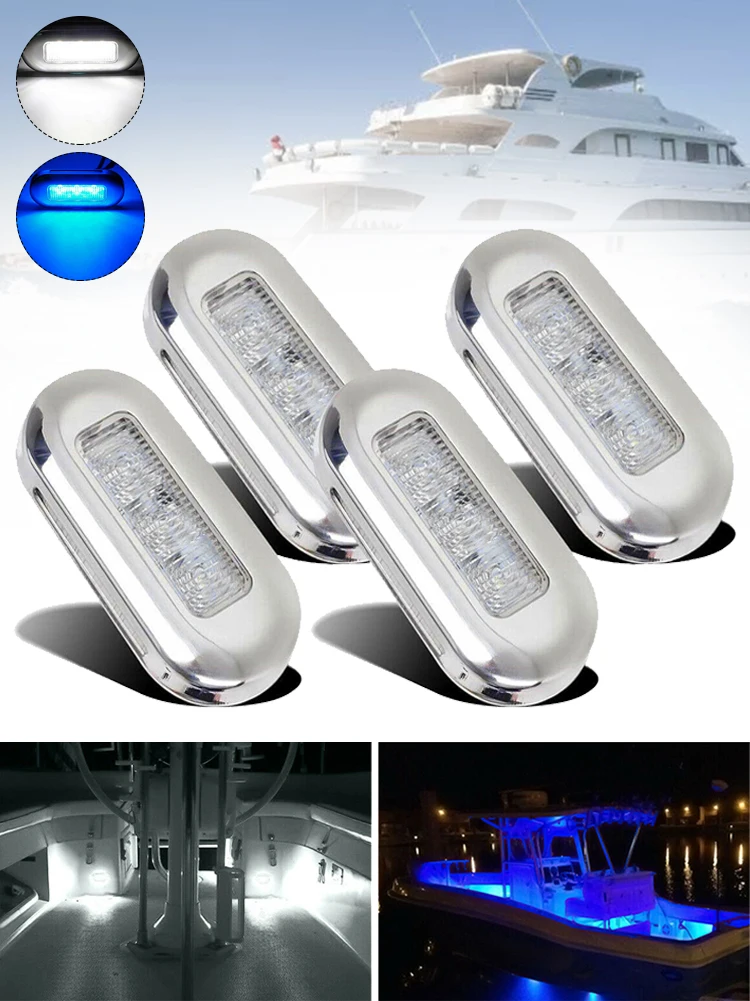 

4pc Boat Marine Grade Light 12V Large Waterproof Cool Blue/ White Courtesy Lights LED Courtesy Lights Stair Deck Yacht Accessory