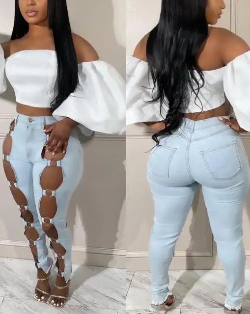 Solid O-Ring Cut-out Skinny Jeans 1