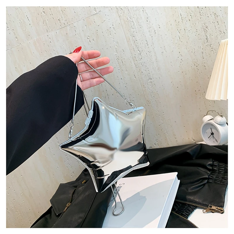 Five-Pointed Star Dinner Bag 2024 New Glossy Shoulder Bag Niche Design Gold and Silver Chain Women's Fun Party Bag
