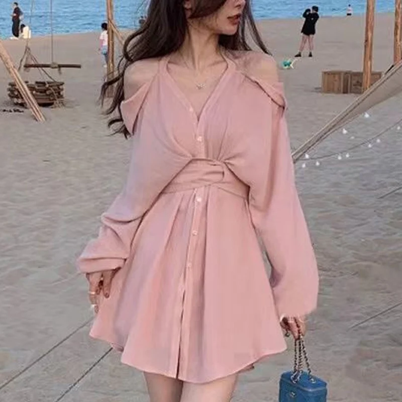 Original Design Shirt Dress Set Women New Sexy Strapless Halter Korean Solid V-neck Loose Casual Single Breasted Girdling Dress велобандана buff original solid camel 117818 337 10 00