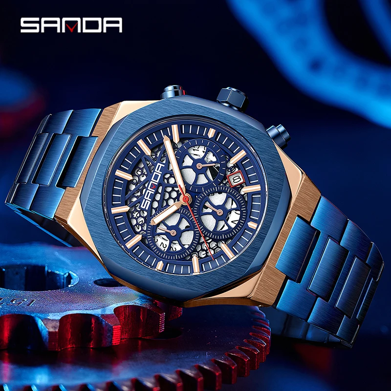

SANDA Fashion Classic Men Watch Stainless Steel Strap Chronograph Quartz Wristwatch Luxury Luminous Waterproof Date Hollow Dial
