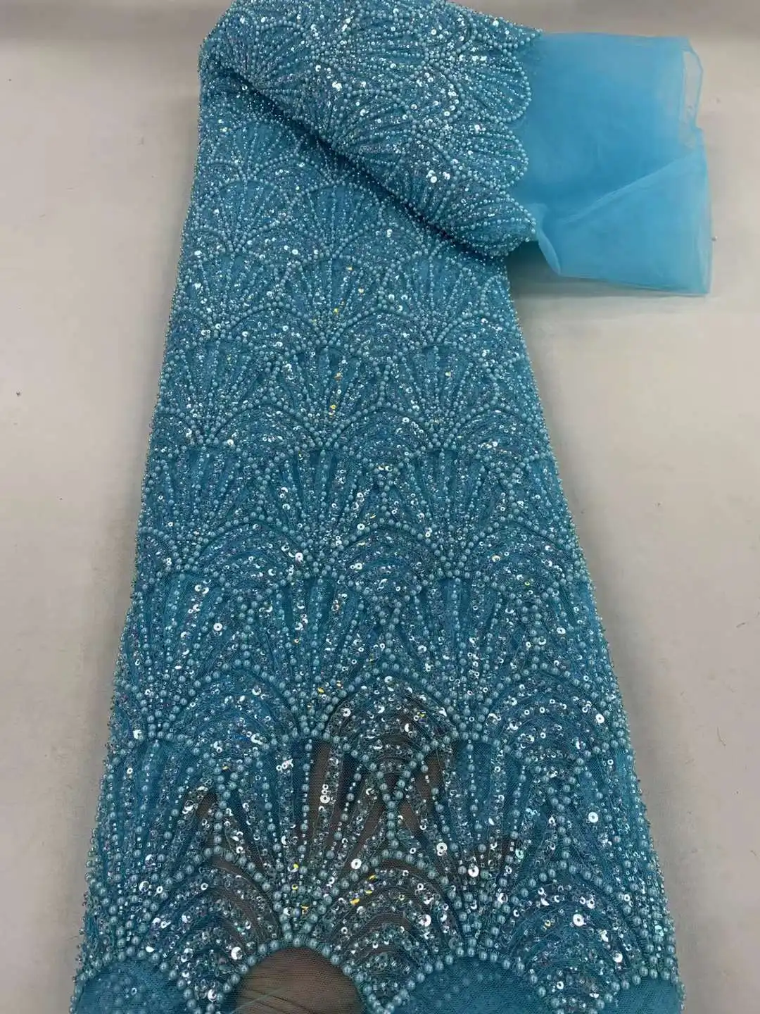 Fashion Long Tube Rice Bead French Embroidery Mesh Lace Fabric for Evening Party Dress African Women Wedding Outfit Material ZX