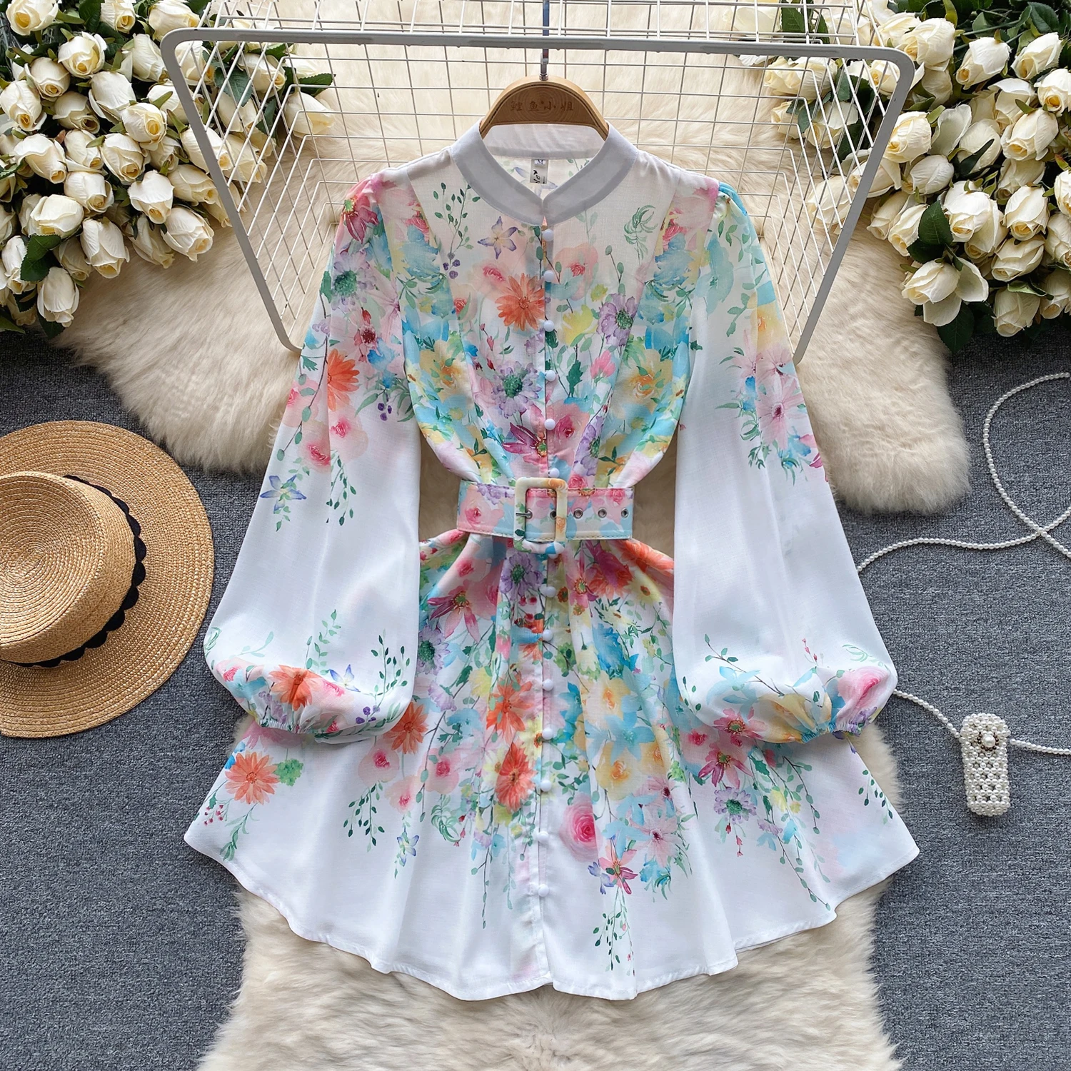 French-style off-the-shoulder floral print mini top and long skirt A102
