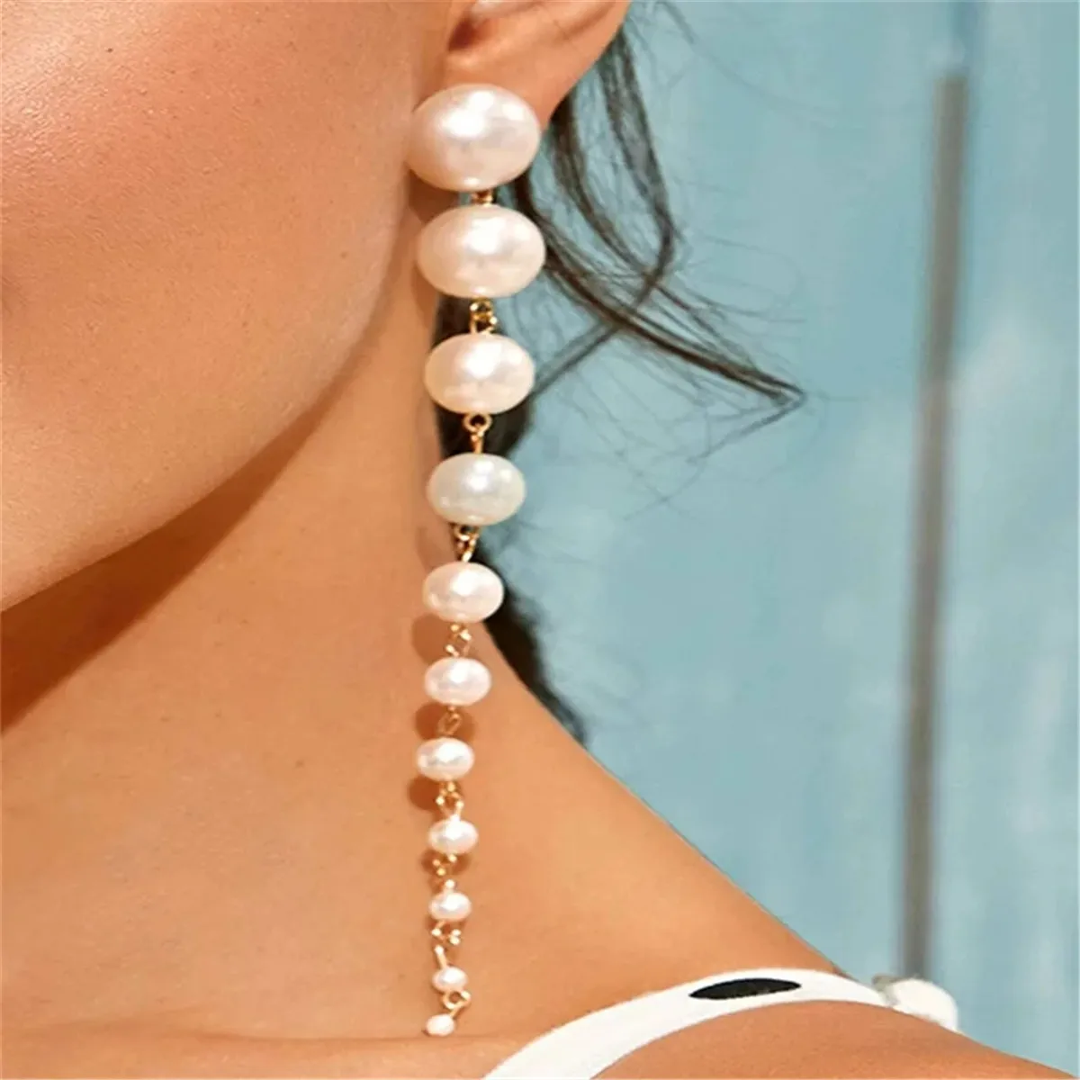 Hesiod New Fashion Charm Big Simulated Pearl Long Earrings for Women Statement Drop Earrings for Wedding Party Office Lady Gift