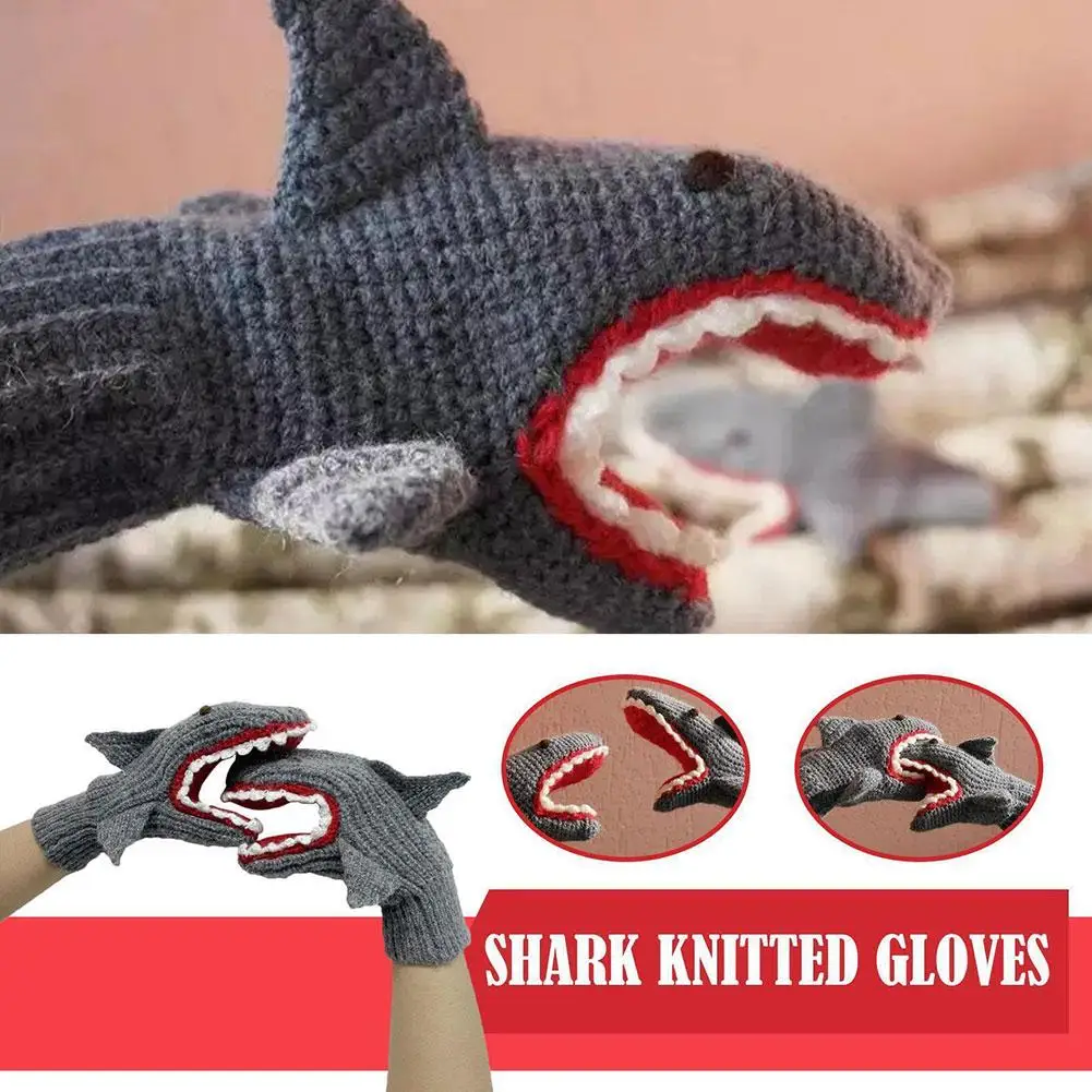 

Winter Cartoon Shark Biting Hand Gloves Warm Crochet Knitted Full/Half Finger Shark Mittens Fingerless Gloves For Christmas P1N5