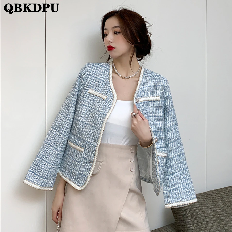 

Korean Single Breasted Vintage Tweed Jacket Women Blue Elegant Chic Spring Short Coats Streetwear Outwear Button Long Sleeve Top