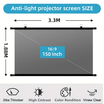 Schermo per Proiettore Anti-Luce da 150 Pollici 16:9, Montaggio a Parete Senza Forature, Schermo di Proiezione 4K ad Alto Contrasto per Home Theater e Ufficio