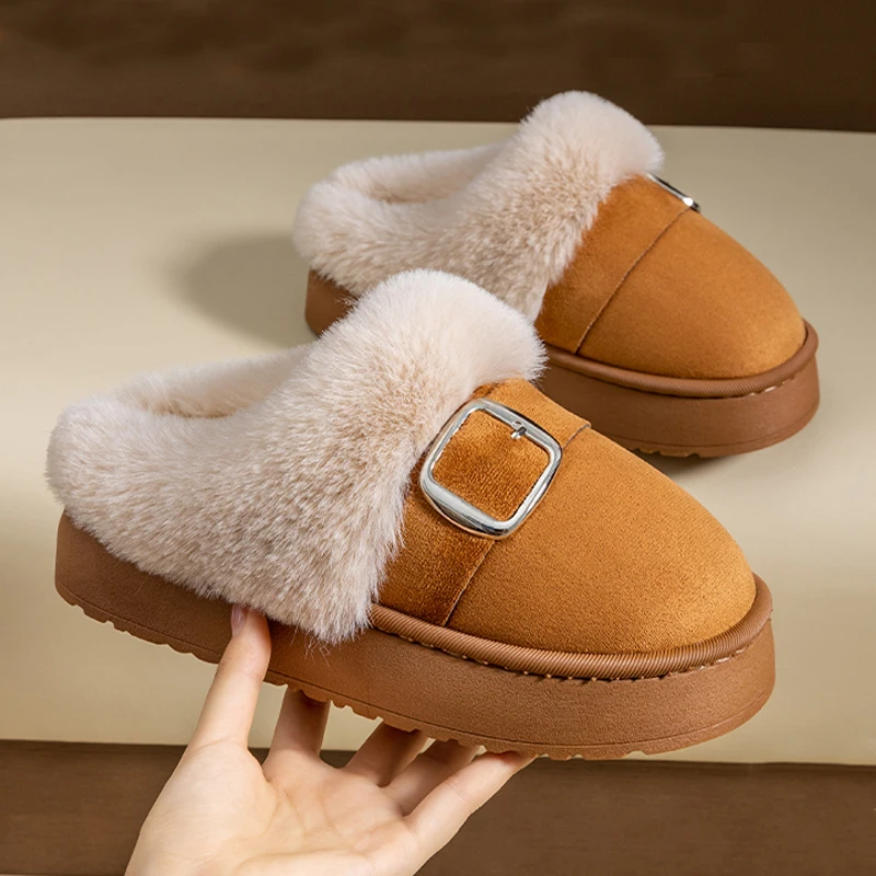 Winter Warm Fluffy Slippers Women Thick Sole Non Slip Plush House Shoes Woman Fashion Faux Fur Platform Indoor Bedroom Slippers 1