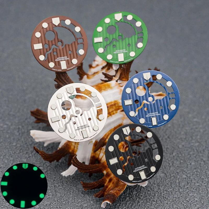 28.5Mm C3 Verde Luminoso Scava Fuori Quadranti Dell'Orologio Fit Seiko Nh36 7 S26 7002 Movimento Skx007 Skx009 Cassa Dell'Orologio In Scatola Di Tonno