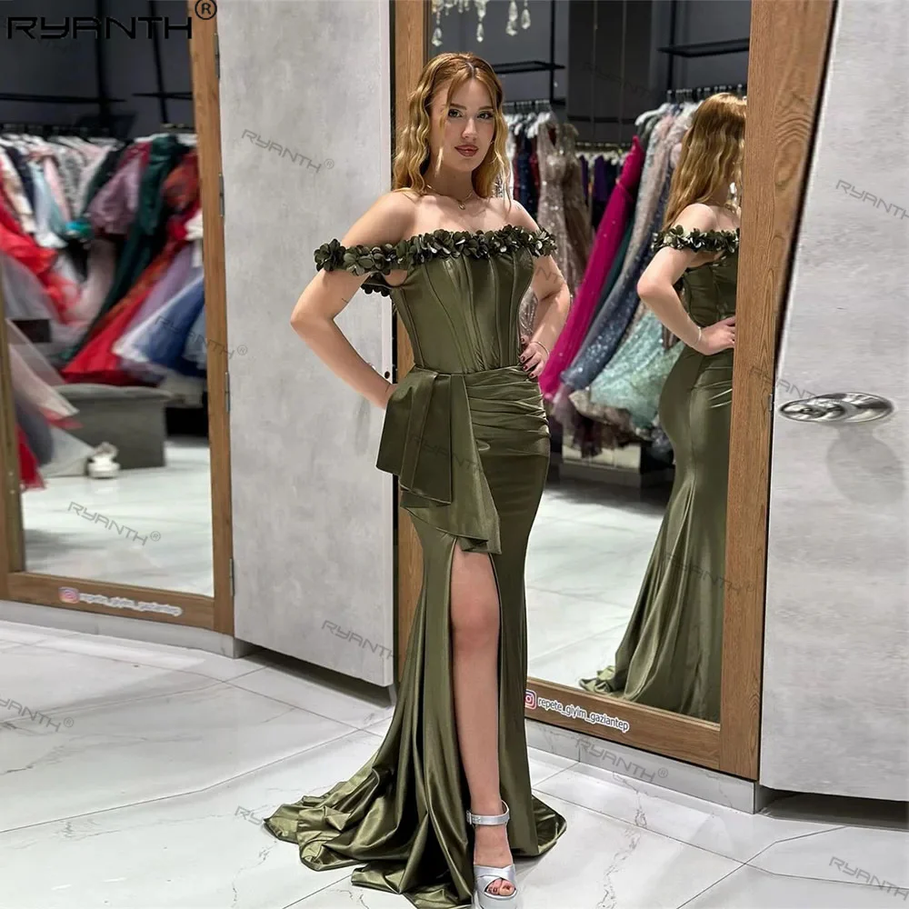 

Ryanth Olive Green Sexy Evening Dresses Off Shoulder Flowers Vestidos Fiesta Mermaid Slit Lace Up Satin Formal Occasion Dress