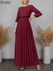 ZANZEA Stylish Women Dresses 2025 Summer Elegant O Neck Ruffled Sleeve Work Sundress Pleated Robe Femme Patchwork Party Dress