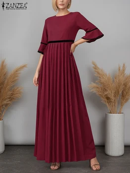 ZANZEA Stylish Women Dresses 2025 Summer Elegant O Neck Ruffled Sleeve Work Sundress Pleated Robe Femme Patchwork Party Dress