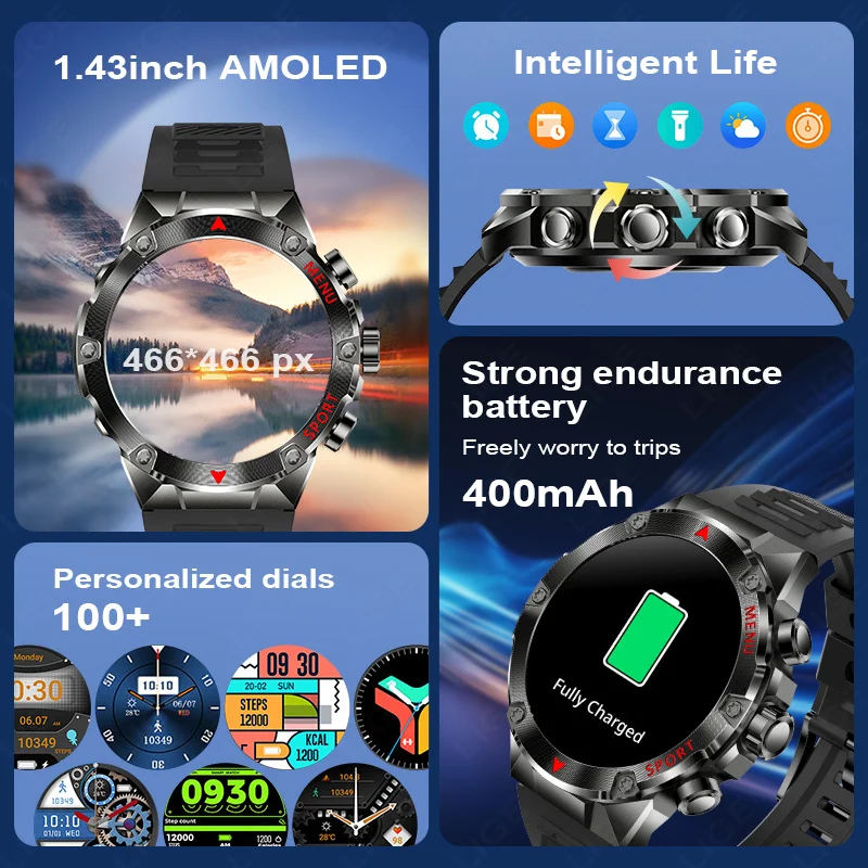 LIGE Bluetooth Call Smart Watch Men 1.43 Inch 466*466 HD AMOLED Screen Waterproof Sports Tracker Health Monitor Men Smartwatch